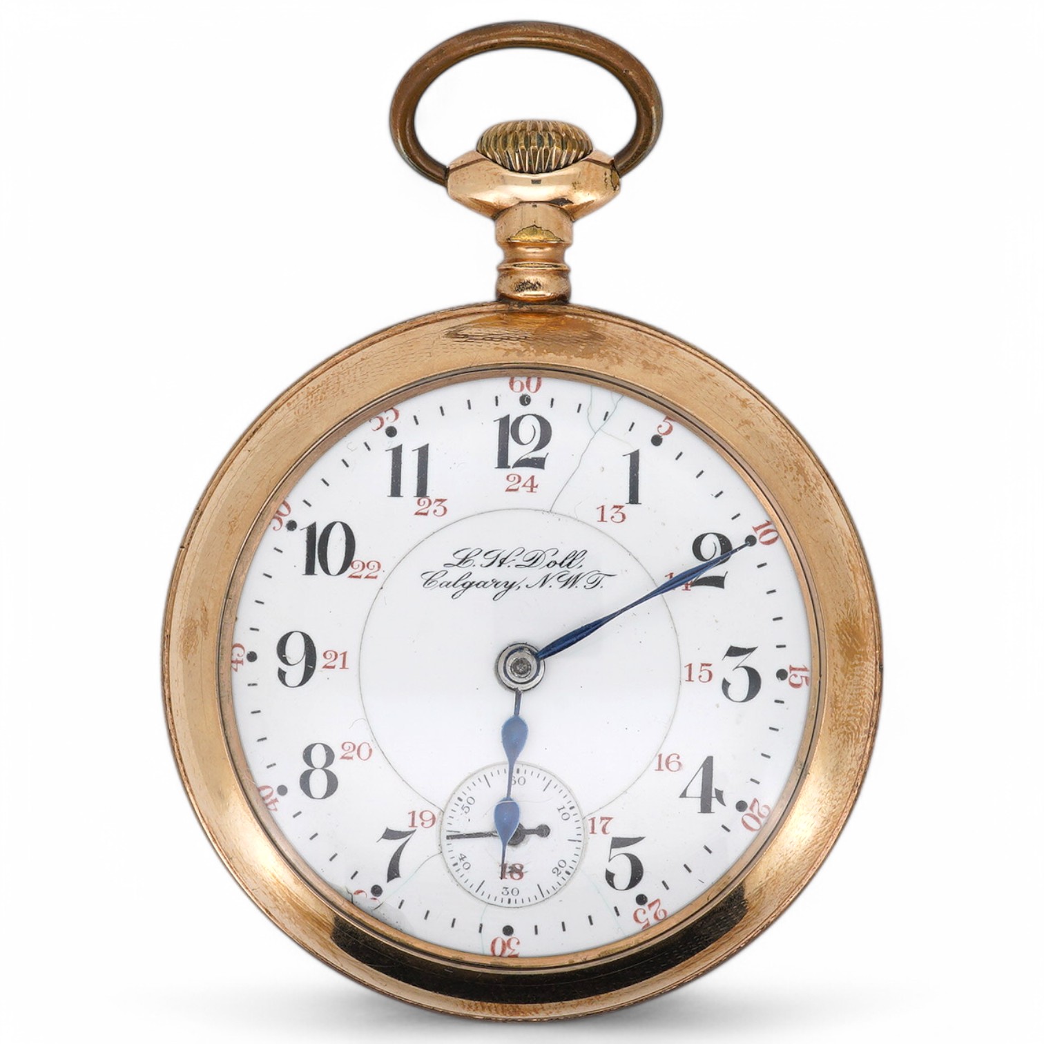 An American gold plated L.H. Doll, Calgery, N.W.J. open faced keyless pocket watch, with Arabic dial and subsidiary seconds, case diameter 53mm. Condition - poor